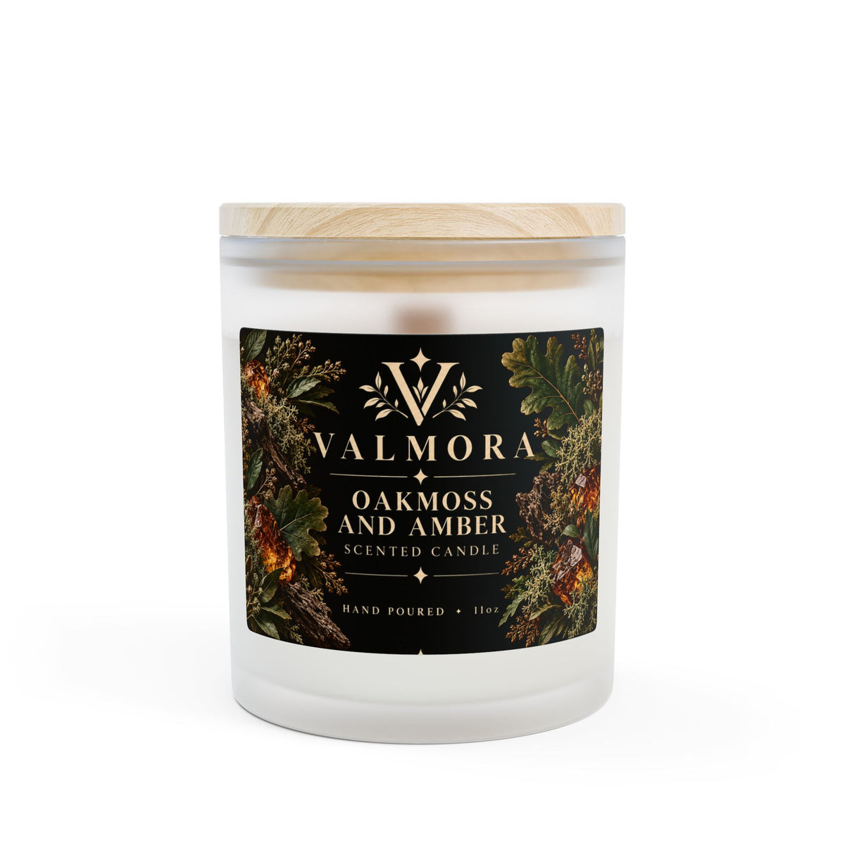 Oakmoss & Amber Frosted Glass Candle | Wooden Wick | 11oz
